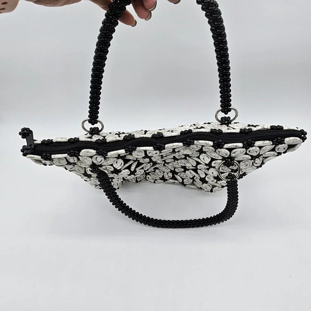 Vintage Glass Beaded Medium Black Pearl White Floral Shoulder Bag Coin Purse Set
